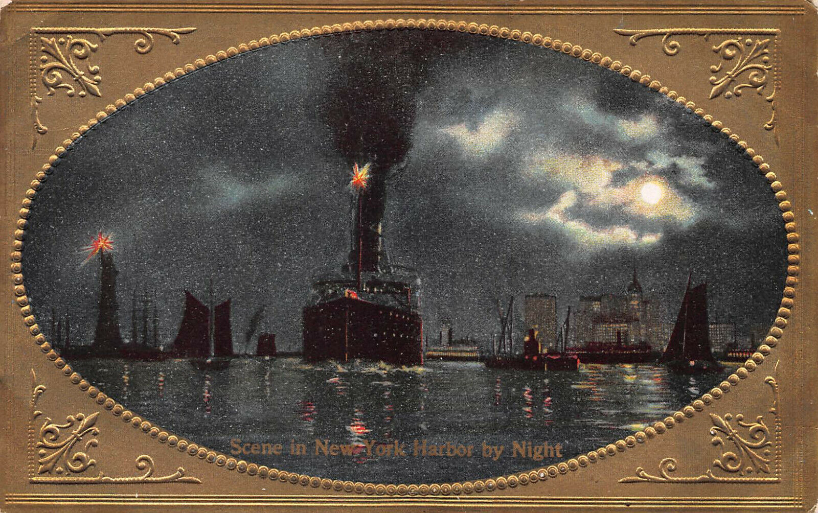 Scene in New York City by Night, Early Embossed Postcard, Unused
