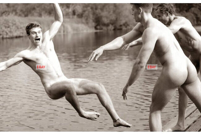POSTCARD Print / Three nude men horseplay by the lake 