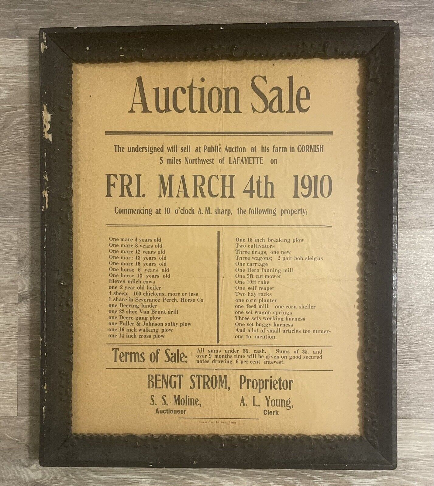 Antique Framed Poster 1910 Farm Auction Livestock Tools Buggy Cornish Minnesota