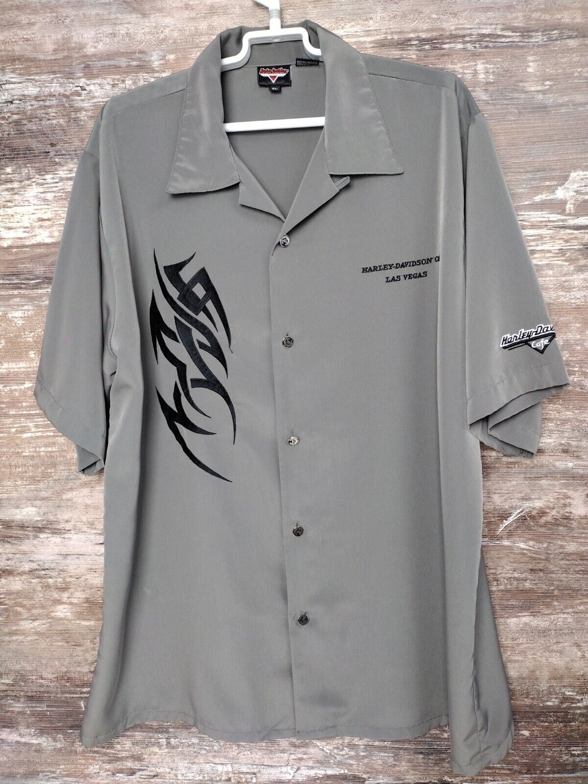 Vintage XL Harley Davidson Cafe Las Vegas Dress Shirt Embroidered Gray COOL