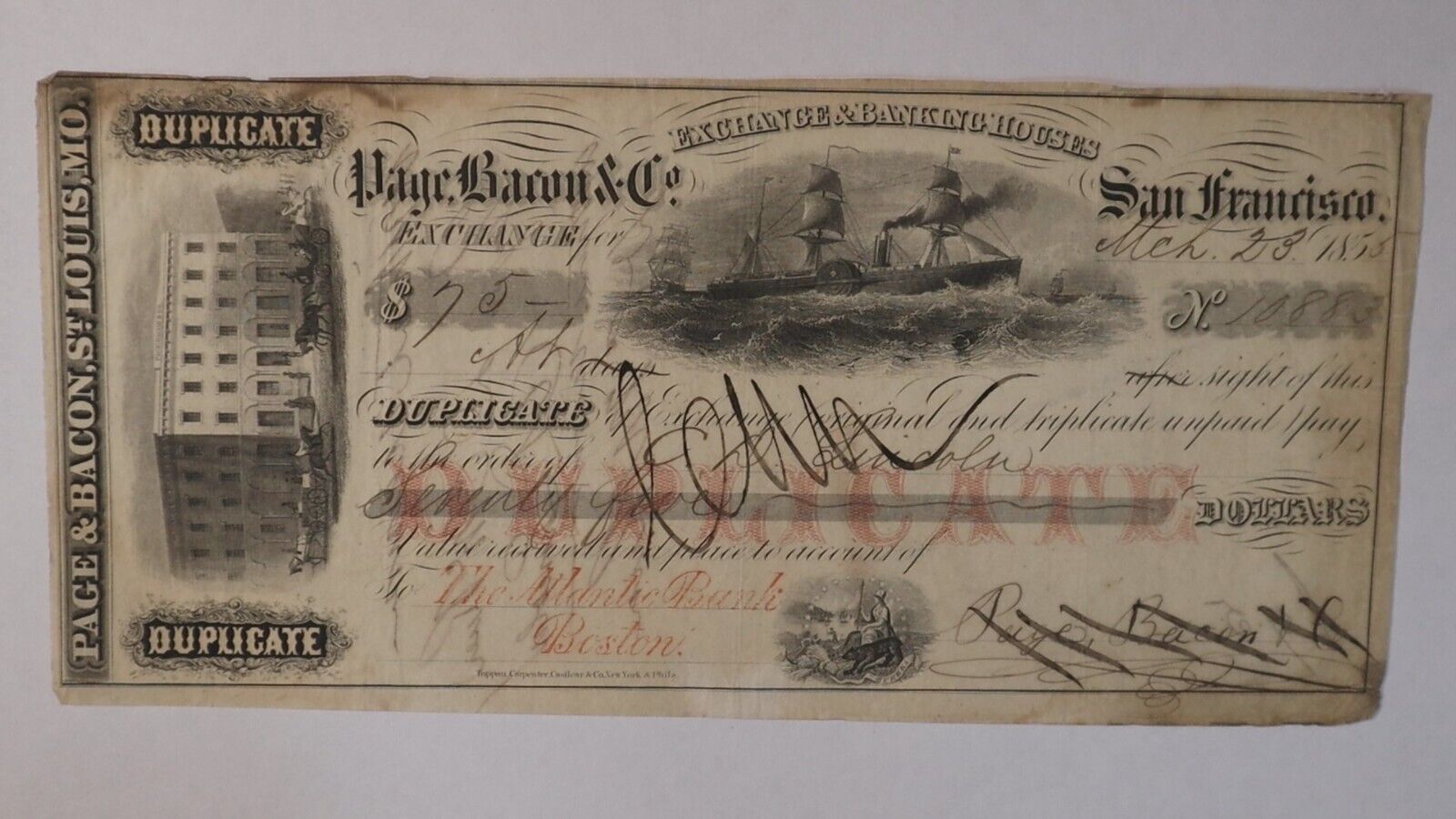 1854 San Francisco CA Gold Rush Page Bacon Ship to C.D Lincoln Atlantic Bank MA