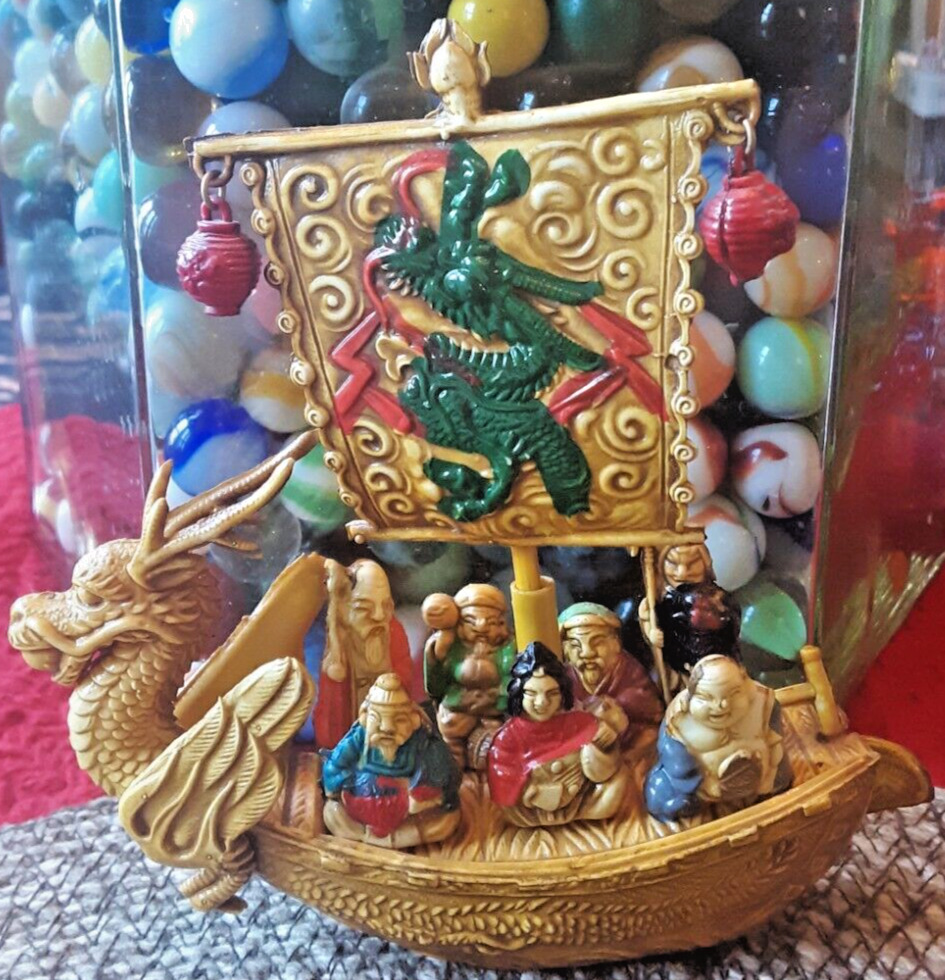 VINTAGE Japanese Plastic Celluloid Dragon Boat with Lucky 7 Gods - Made in Japan