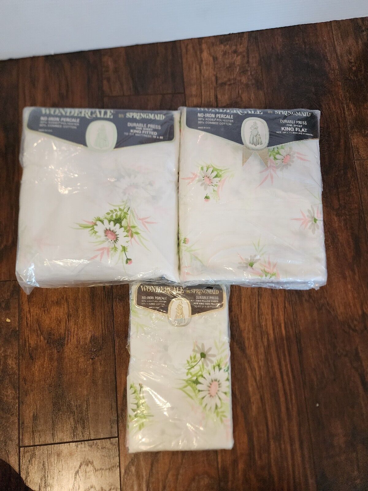 NEW 70s VTG Wondercale, Springmaid Floral KING FITTED & Flat SHEET Pillow Cases