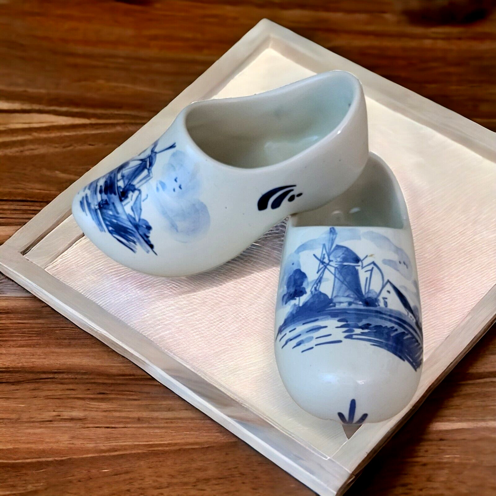 Vtg Delft Blue Ceramic Dutch Clog Shoes Hand Painted 2 Holland Cities