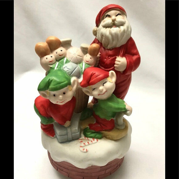 Vintage Santa Claus Music Box with Elves Porcelain Christmas   