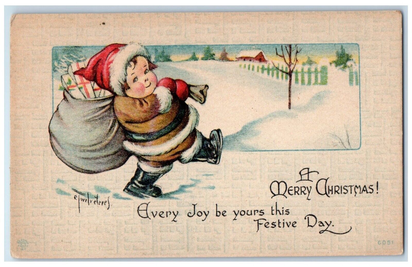 c1910\'s Christmas Santa Boy With Sack Of Gifts Winter Unposted Antique Postcard