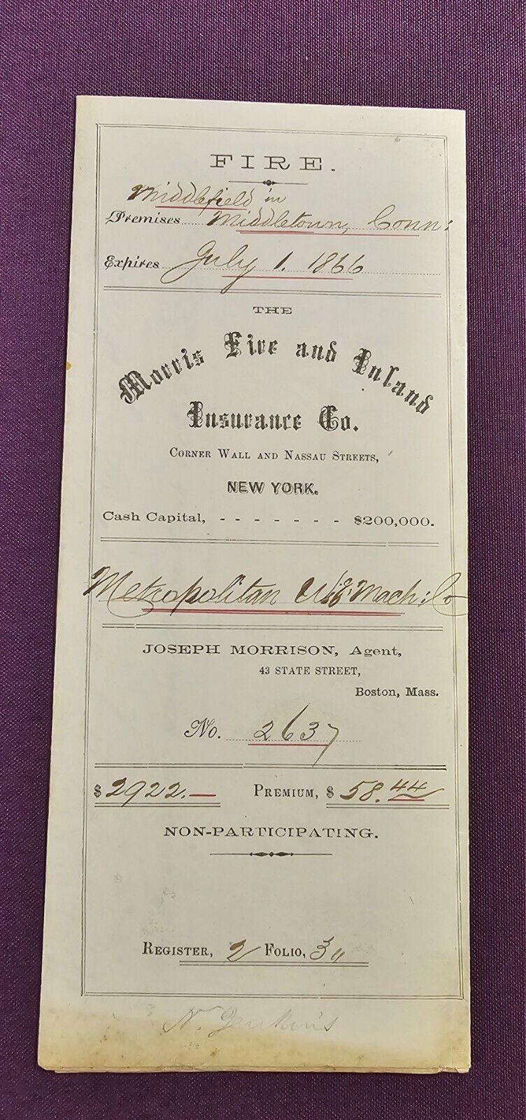 1866 Fire Insurance Policy Morris Fire & Inland Ins Co Middletown CT w/Stamp