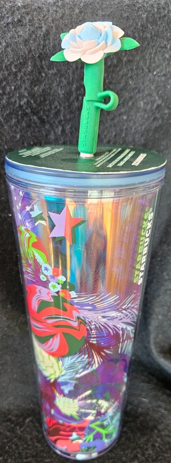 Starbucks 2023 Holiday 24oz Cold Tumbler W/Silicone Rose Pink/Blue Straw Topper