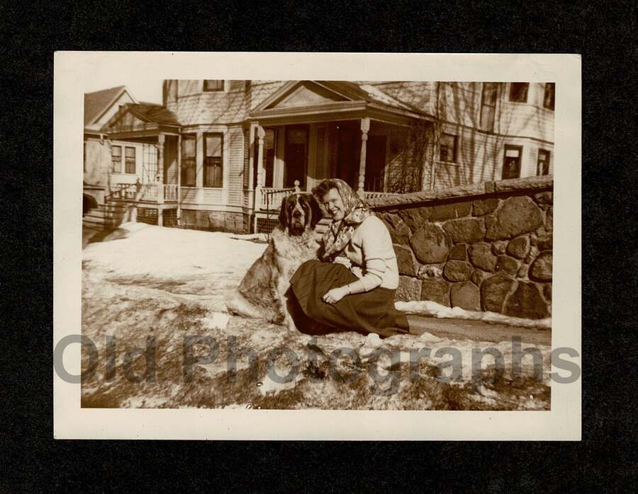 1948 BIG DOG SAINT BERNARD WOMAN SIDEWALK MONTPELIER VT OLD/VINTAGE SNAPSHOT- G
