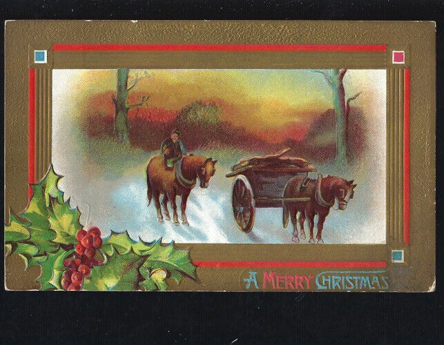 c.1910s A Merry Christmas Horse Carriages Holly Gold Border Postcard UNPOSTED