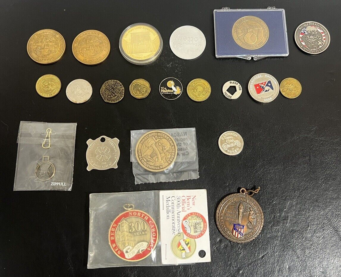Vintage Lot Of 21 Coins Tokens Medals