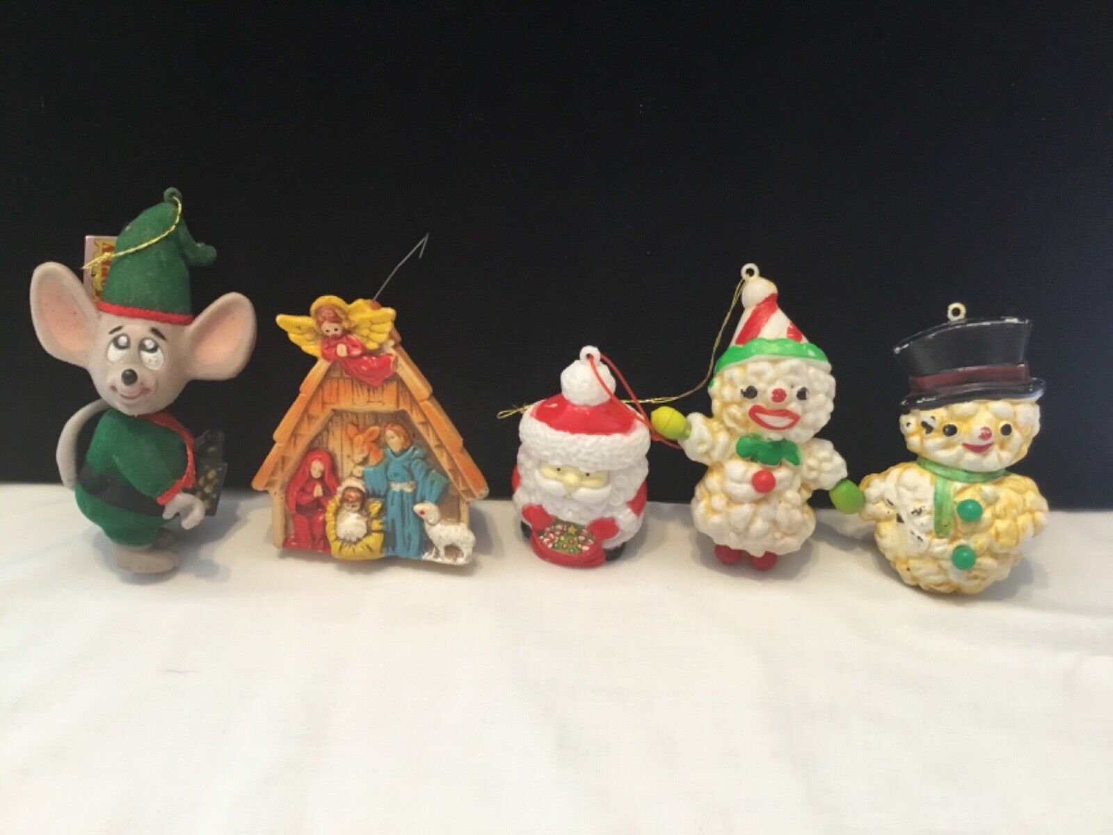 Lot of 5 Vtg. Plastic Christmas Ornaments - mouse Santa snowmen nativity (RR41)