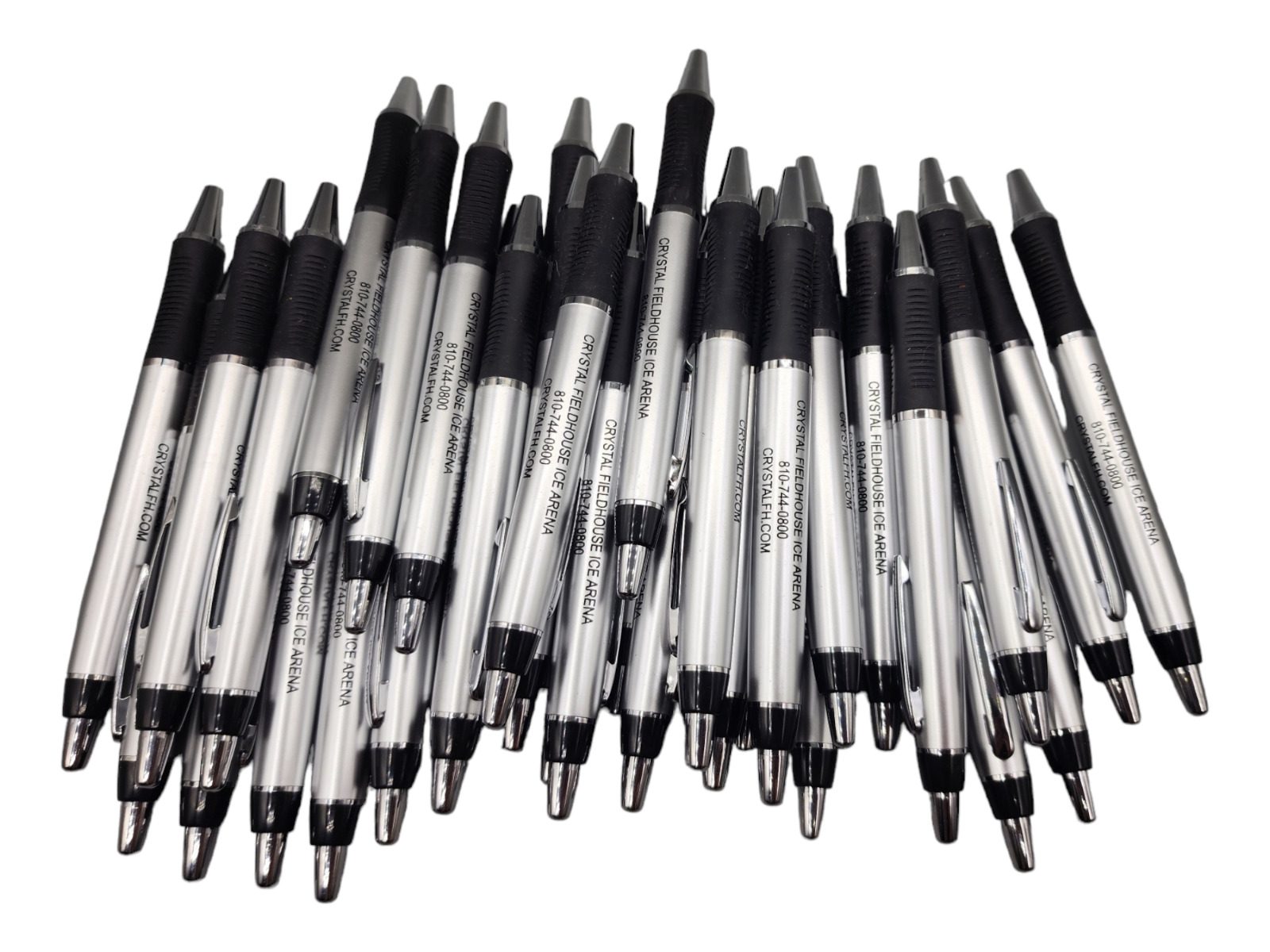 Lot of 35x Misprint  Retractable Click Pens: Silver / black with black ink