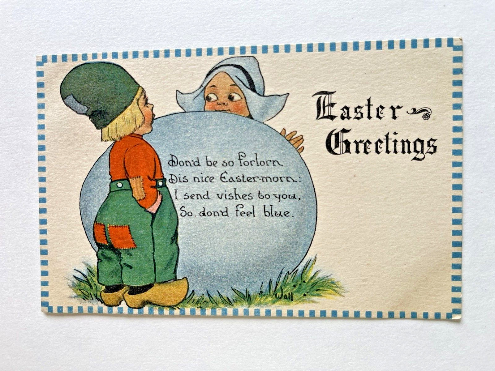 1913 Antique Vintage WALL CS 416 Dutch Children Kids EASTER Greetings Postcard