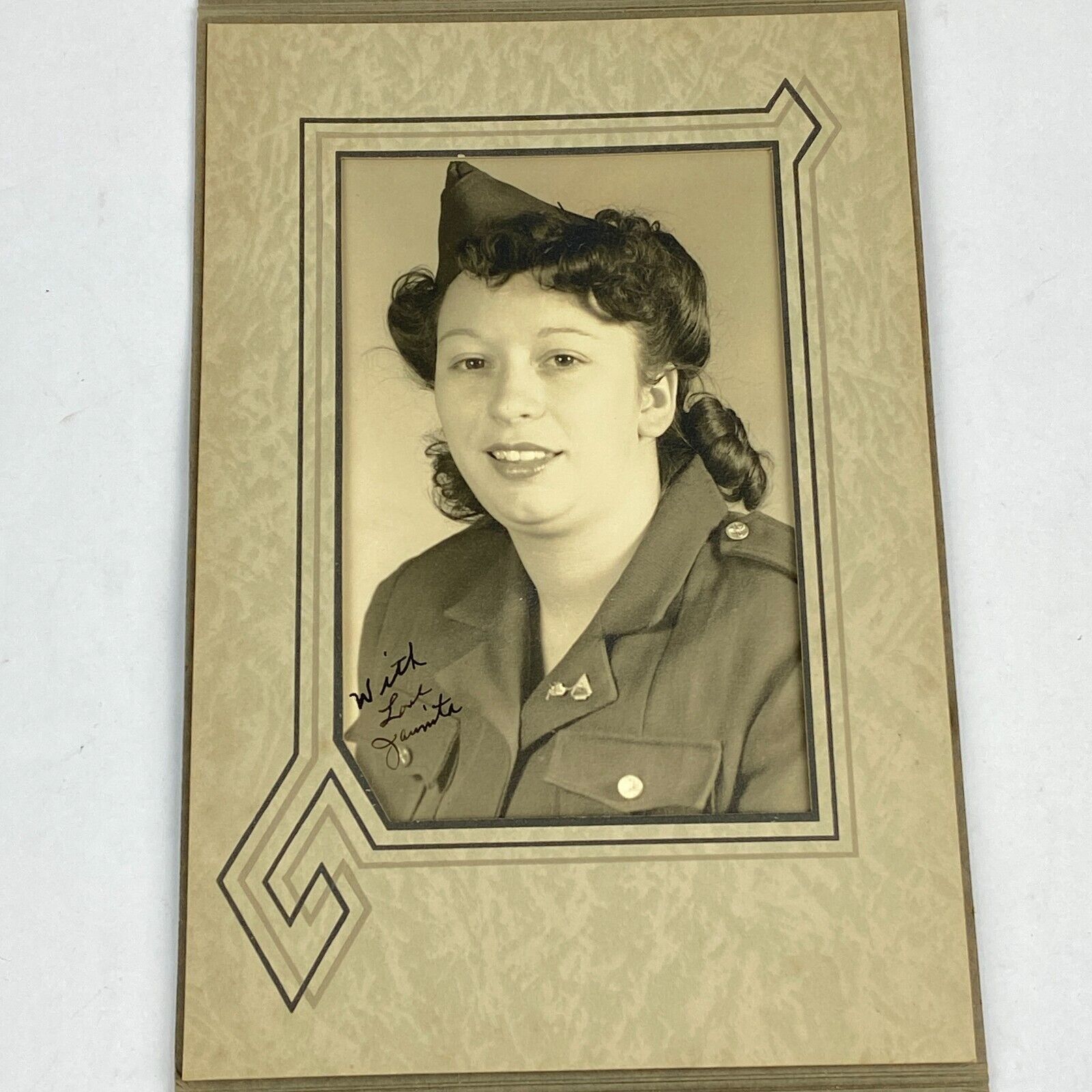 WWII? Patriotic Photo Woman Sweetheart Pin w/ Cardboard Frame Signed Vintage USA