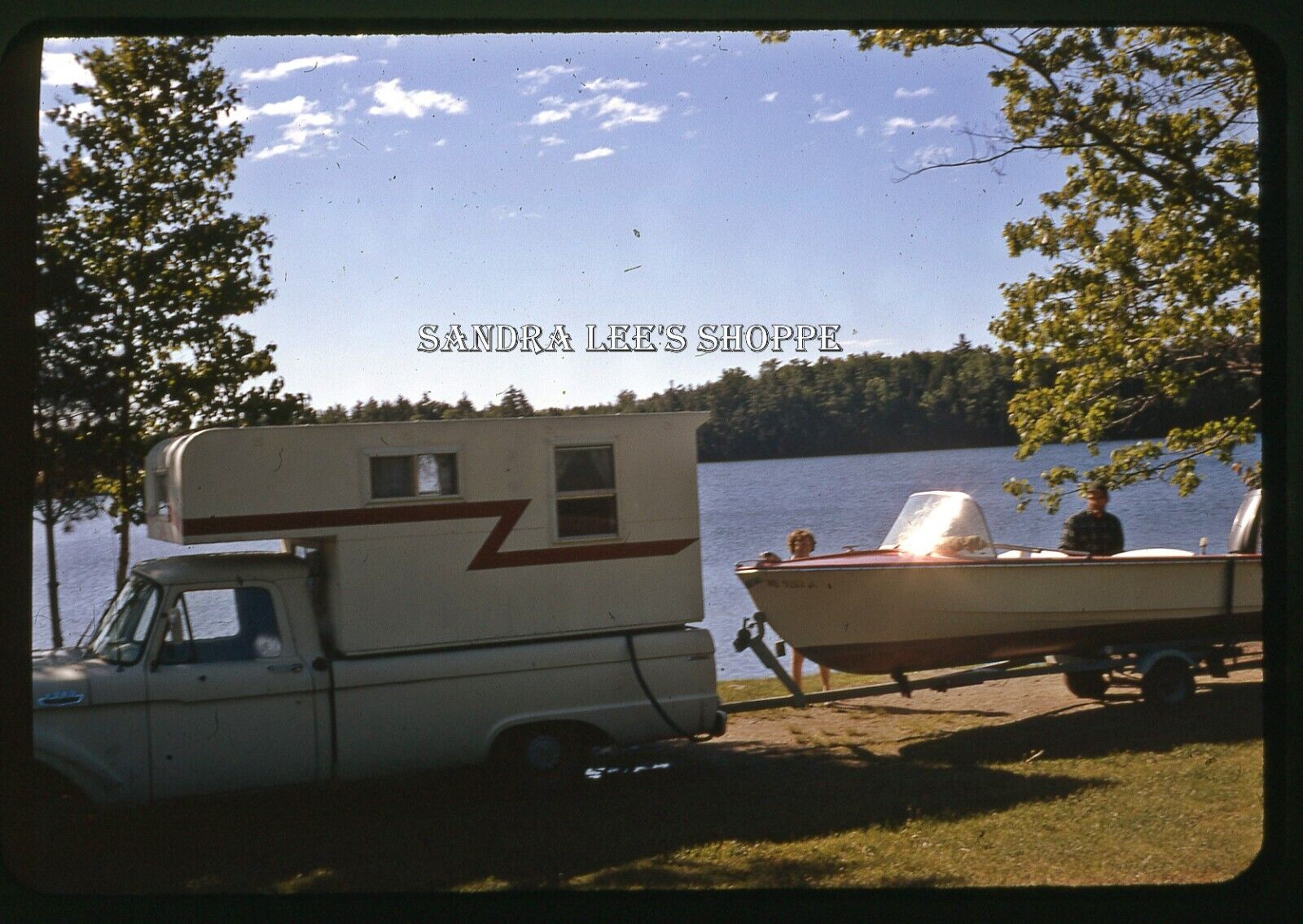 1972 Slide Old Truck With Camper Towing Boat At Lake #3200