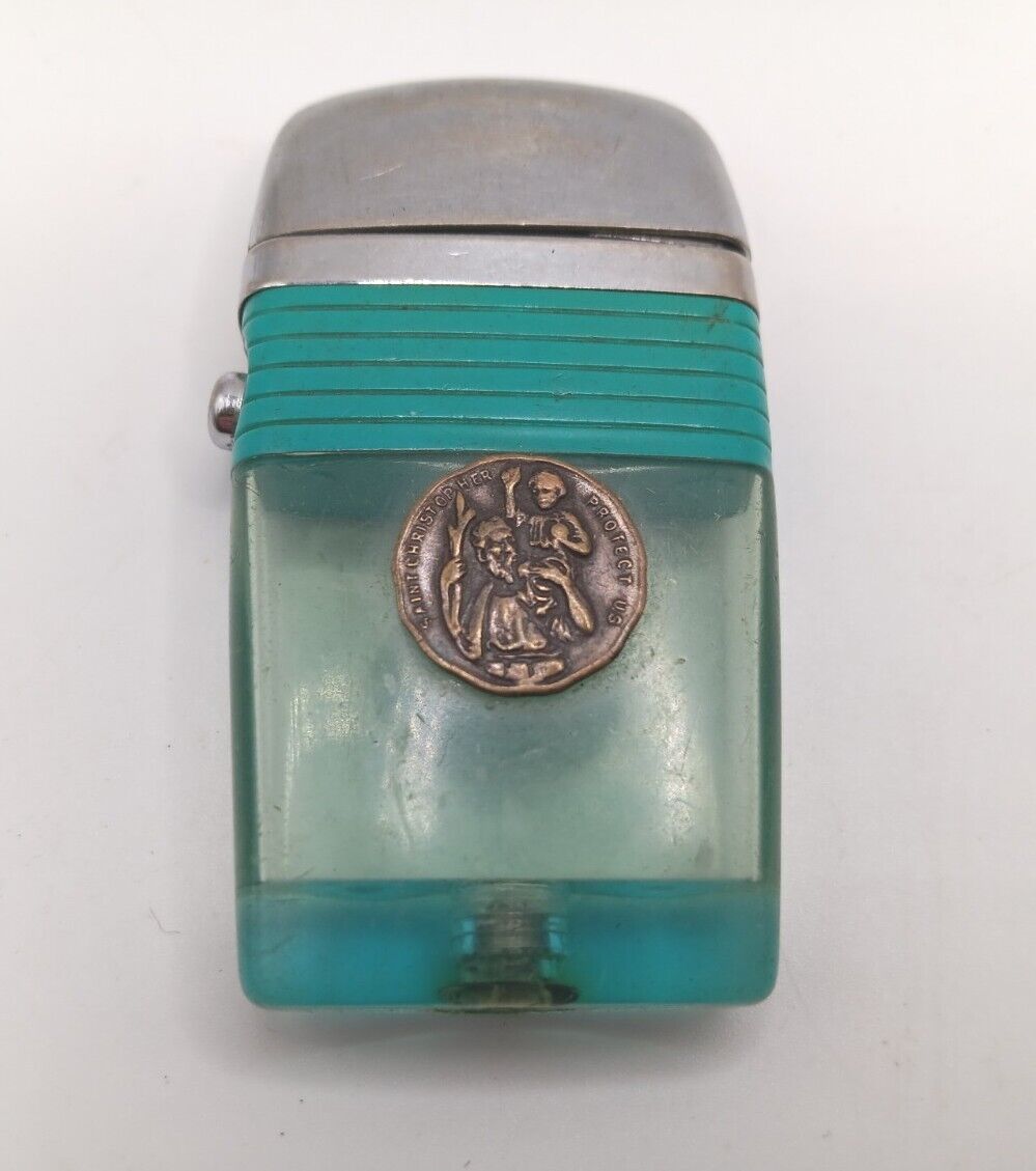 Vintage Scripto VU-Lighter St. Christopher Protect Us Medal TURQUOISE Religious