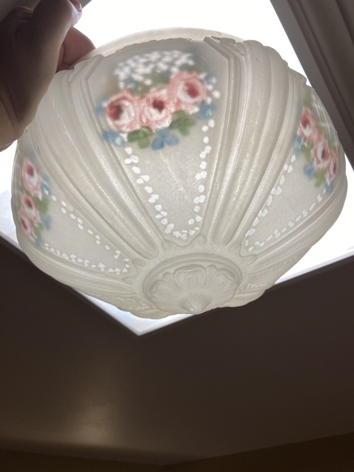 Victorian Glass Reverse Painted Pink Rose Ceiling Light Fixture Shade 10” Fitter