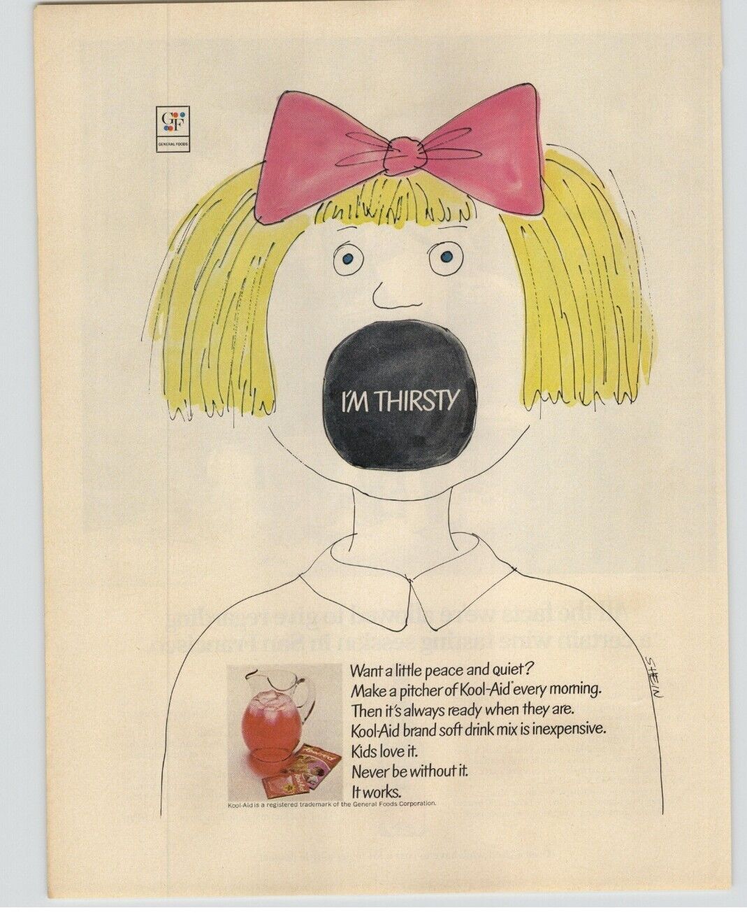 1971 Kool Aid Drink Mix Vintage Ad Cartoon Girl Open Mouth Art Illustration 