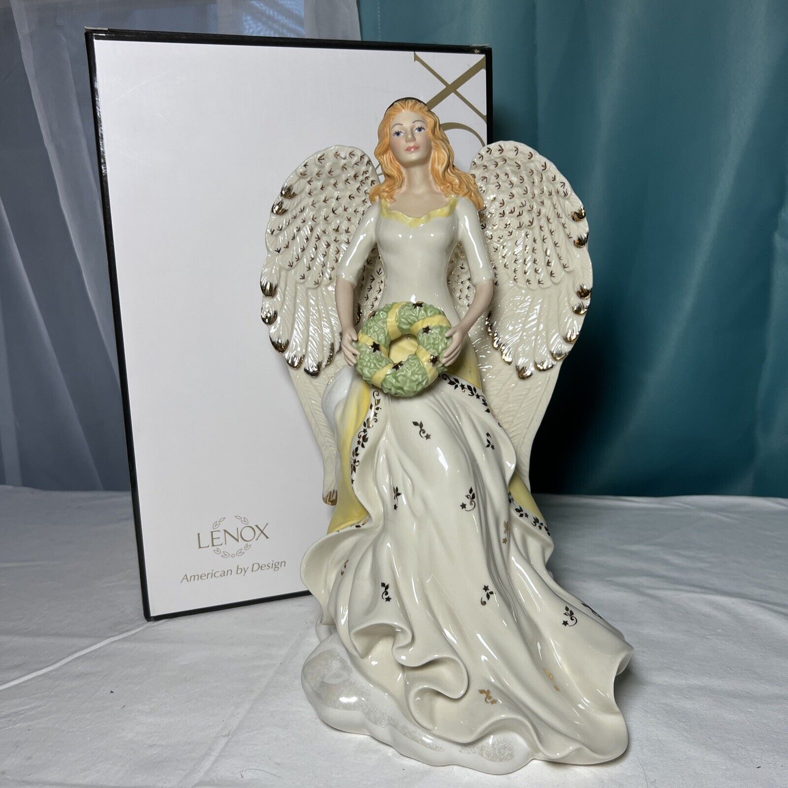 Lenox Limited Ed Angelic Honor Figurine Ivory Gold Green Wreath Angel Wings 12”