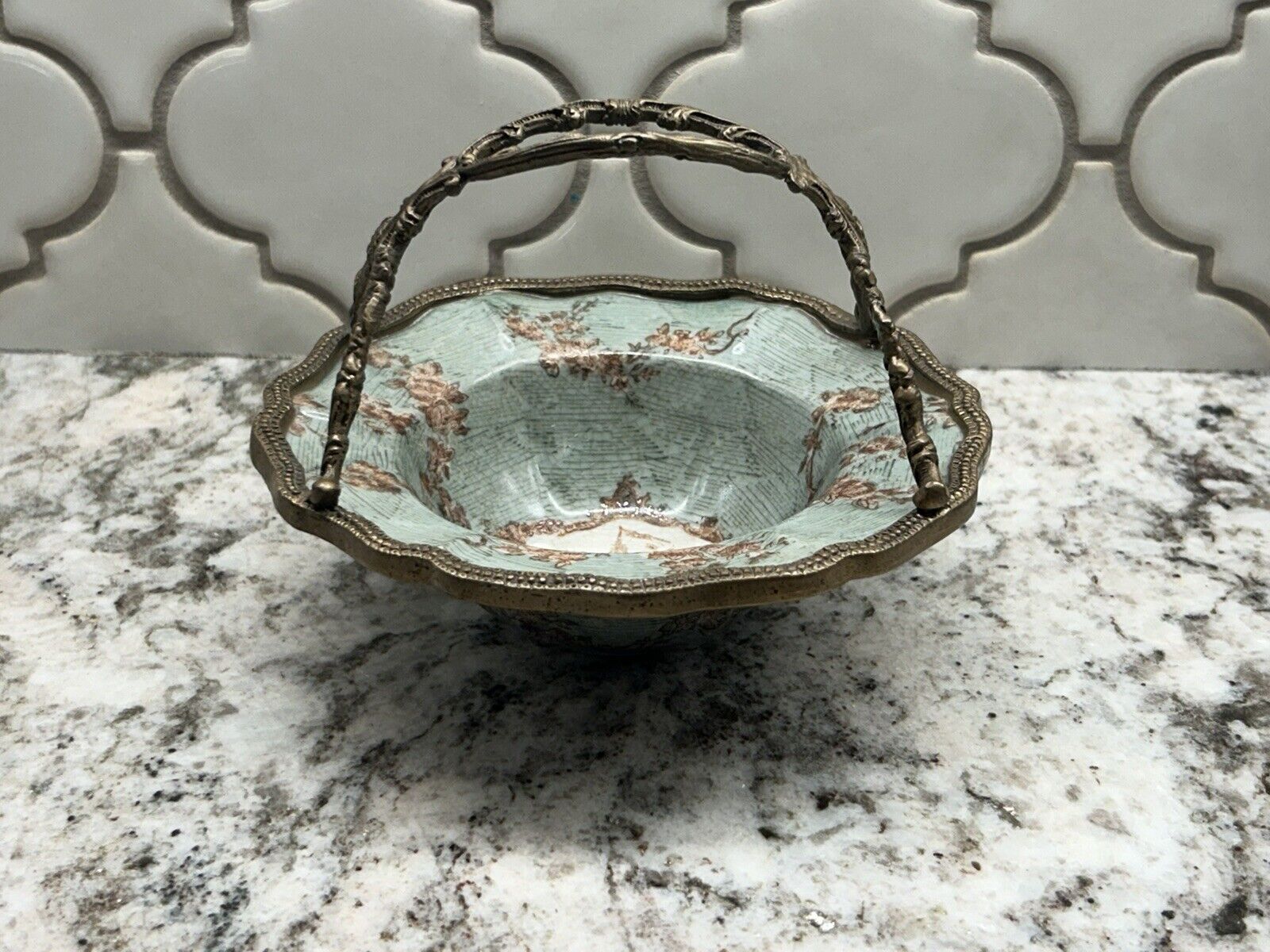 Porcelain Hand Painted Bowl/ Basket With Bronze Handle By Wong Lee 1895