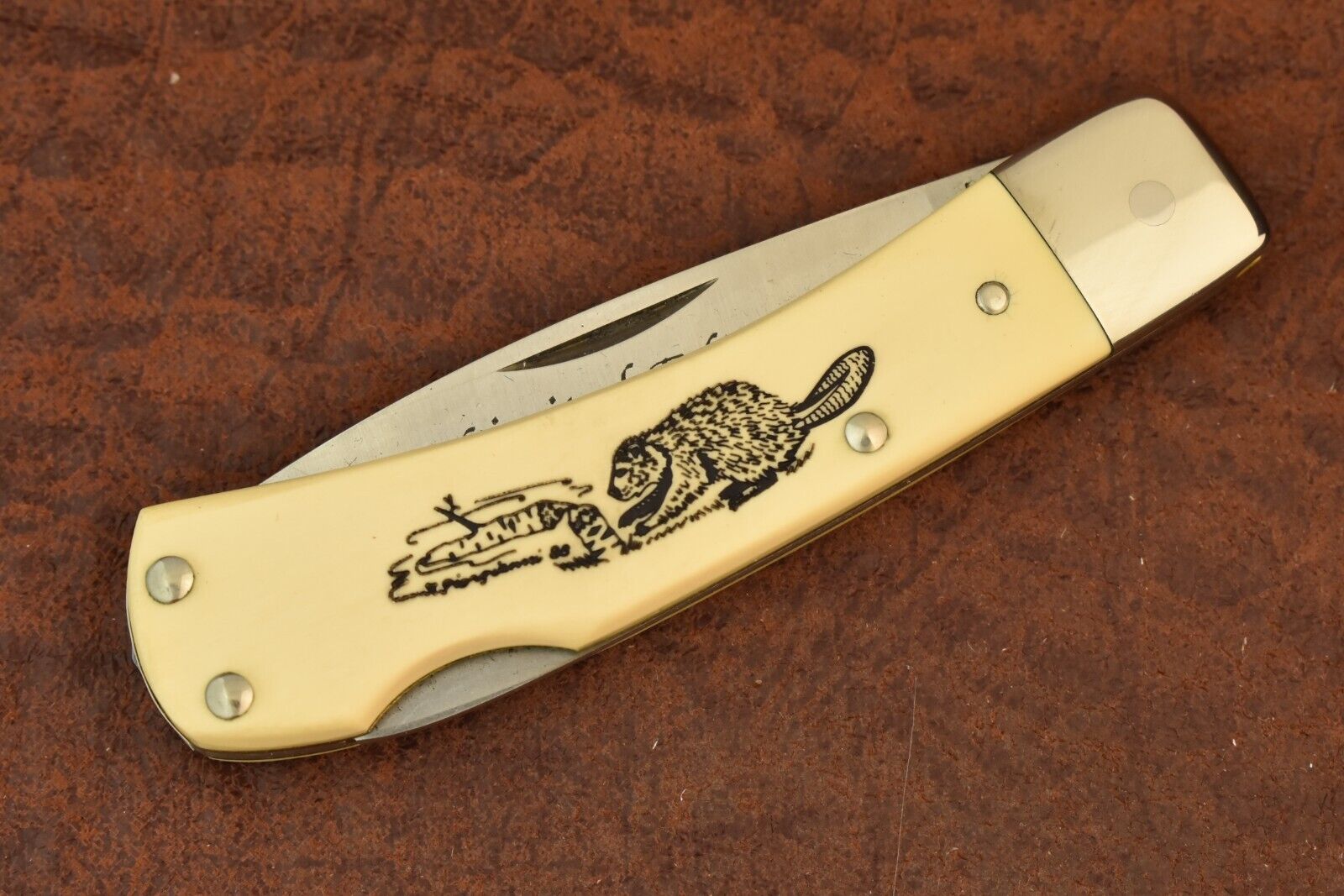 SCHRADE MADE IN USA SCRIMSHAW AMERICAN BEAVER LOCKBACK KNIFE 515SC NICE (15752)