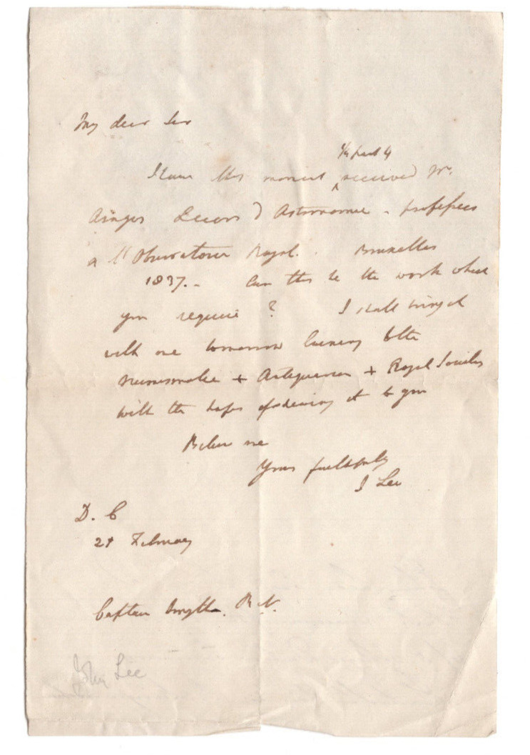 John Lee Signed Letter (1783-1866) / Autographed Astronomer, Mathematician