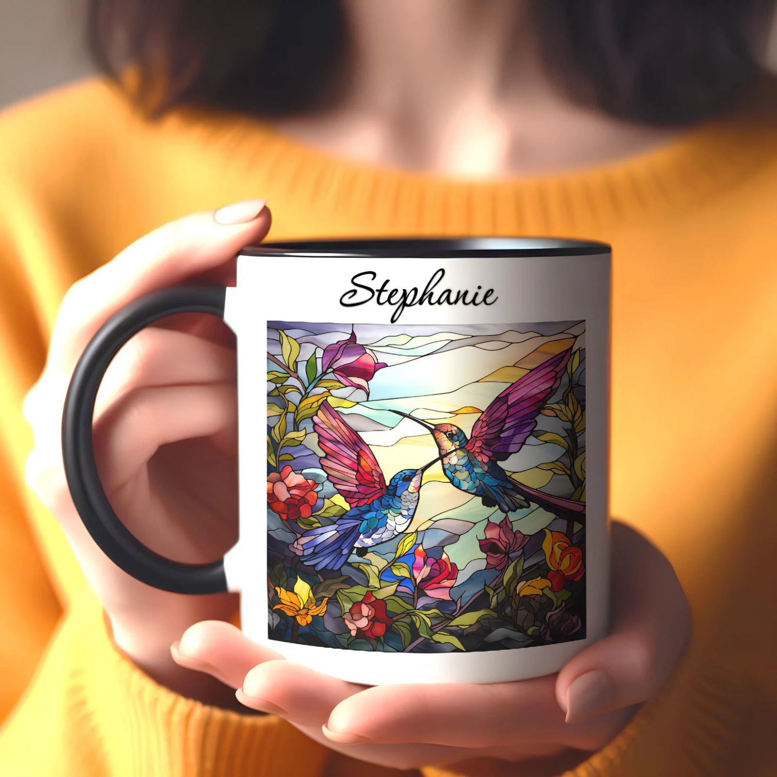 Personalized name hummingbird stained glass flower coffee tea mug gifts