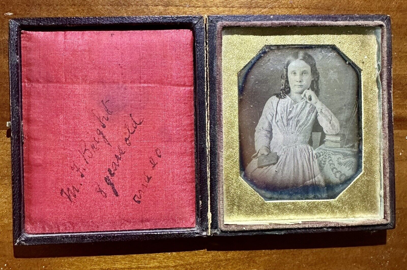 1840s Tinted Plumbe Daguerreotype ID\'d Little Girl Ringlet Curls Holding Case