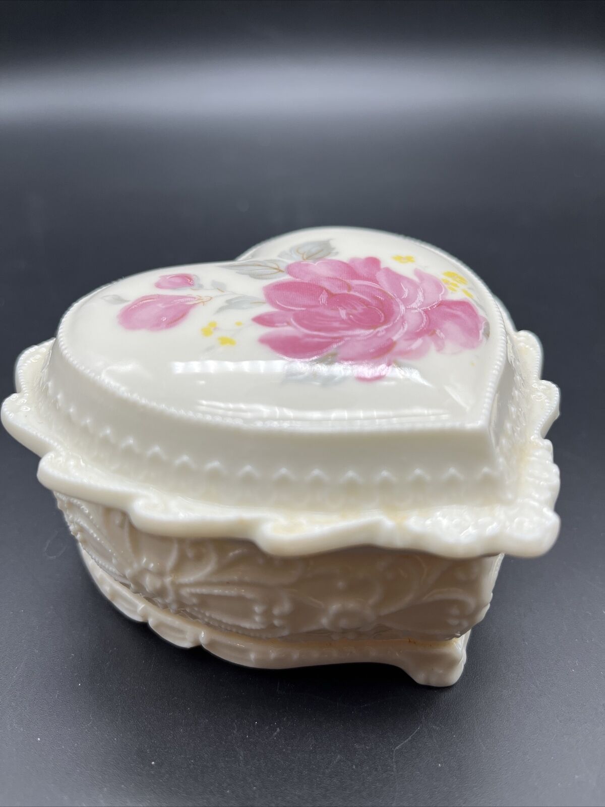 Vintage 1988 George Good Ceramic Heart Trinket Box Pink Rose 3” Embossed Design