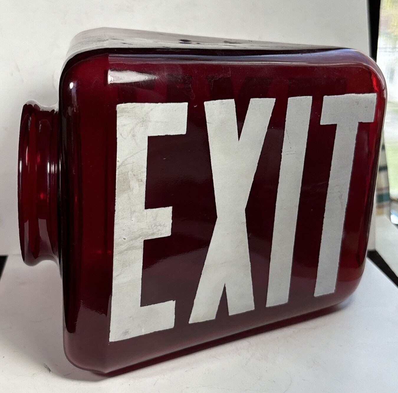 Antique Art Deco Theater Ruby Red Glass Exit Sign Light Globe Wedge Triangle
