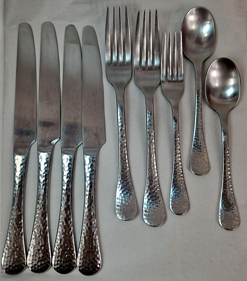 9 Pc Ginkgo Lafayette 18/0 Stainless 360 Hammered Flatware Spoons Forks Knives