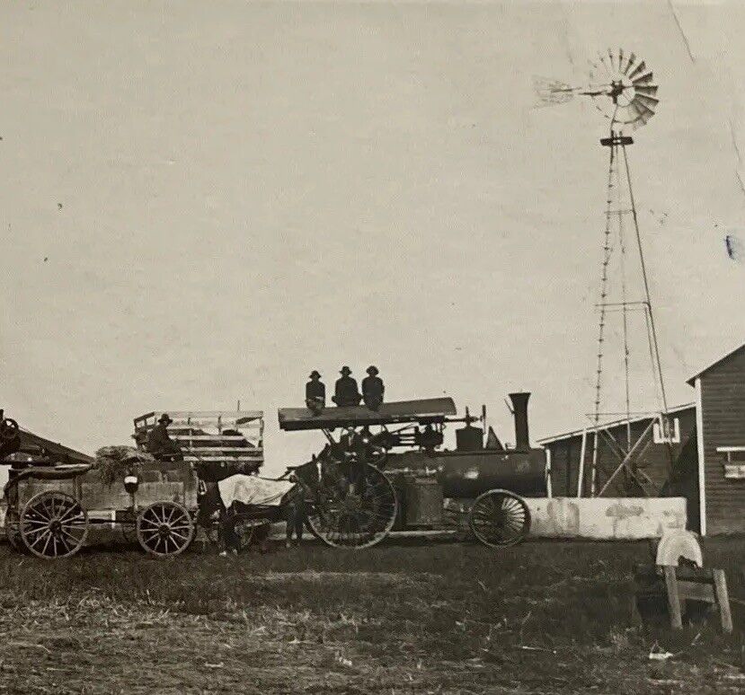 Steam Tractor Farm Machinery Men  Windmill RPPC Real Photo Postcard Early 1900’s