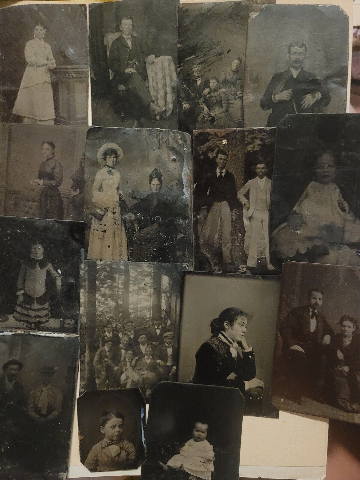 15 Antique Tintype Photos Lot: Men, Couples, Woman With Jewelry, Families