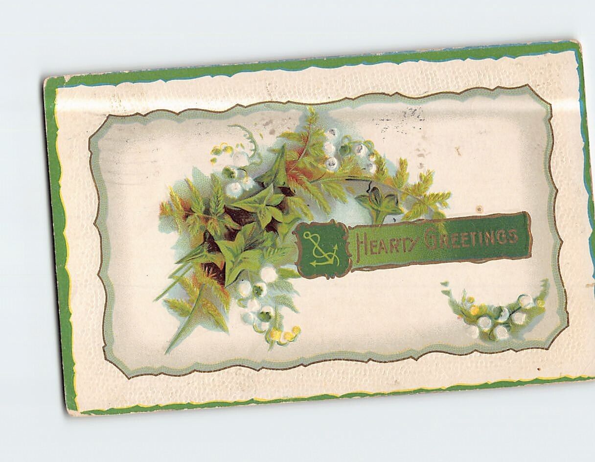 Postcard Hearty Greetings Flower Art Print Embossed Card