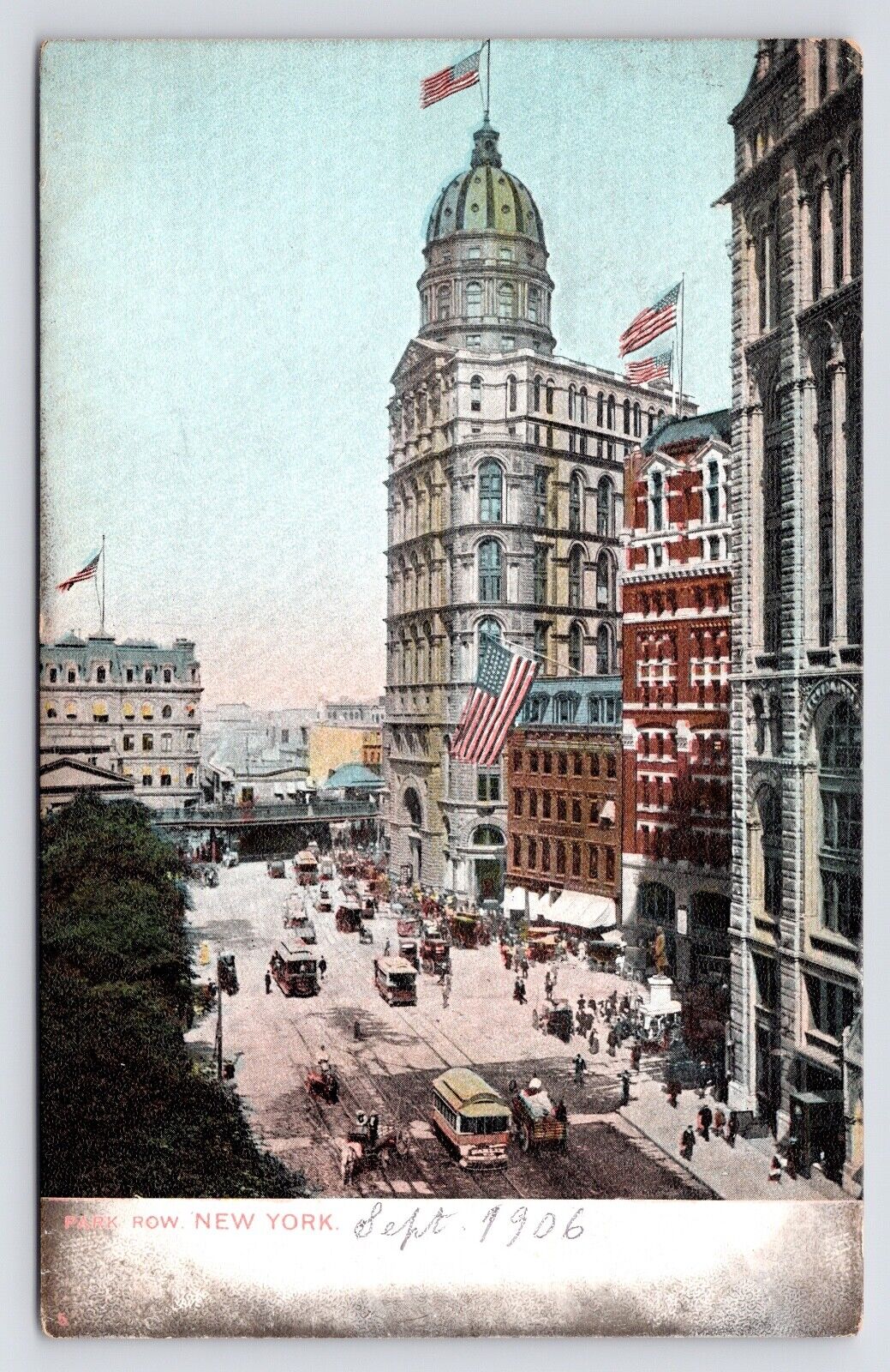 c1905~Park Row~Busy Street~Aerial View~New York City NYC~Flags~Antique Postcard