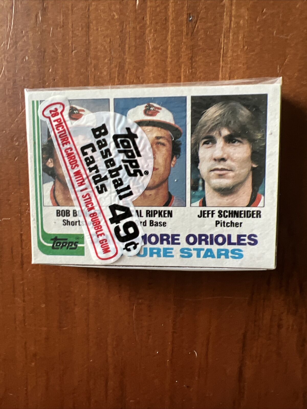 1982 Topps Baseball Cello 28 Card Pack with Cal Ripken Rookie Card #21 on top