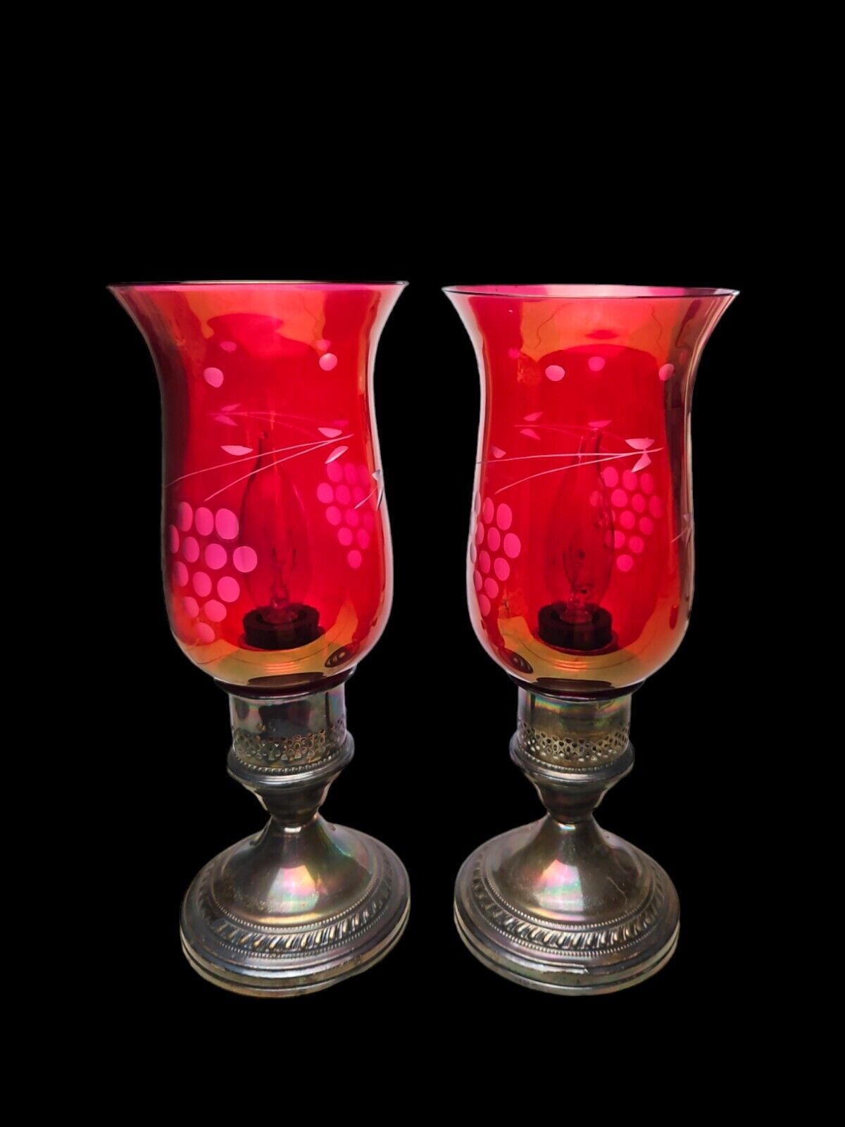 Vintage Sterling Silver & Ruby Glass Hurricane Lamps~Crest Silver Co.~Set of 2