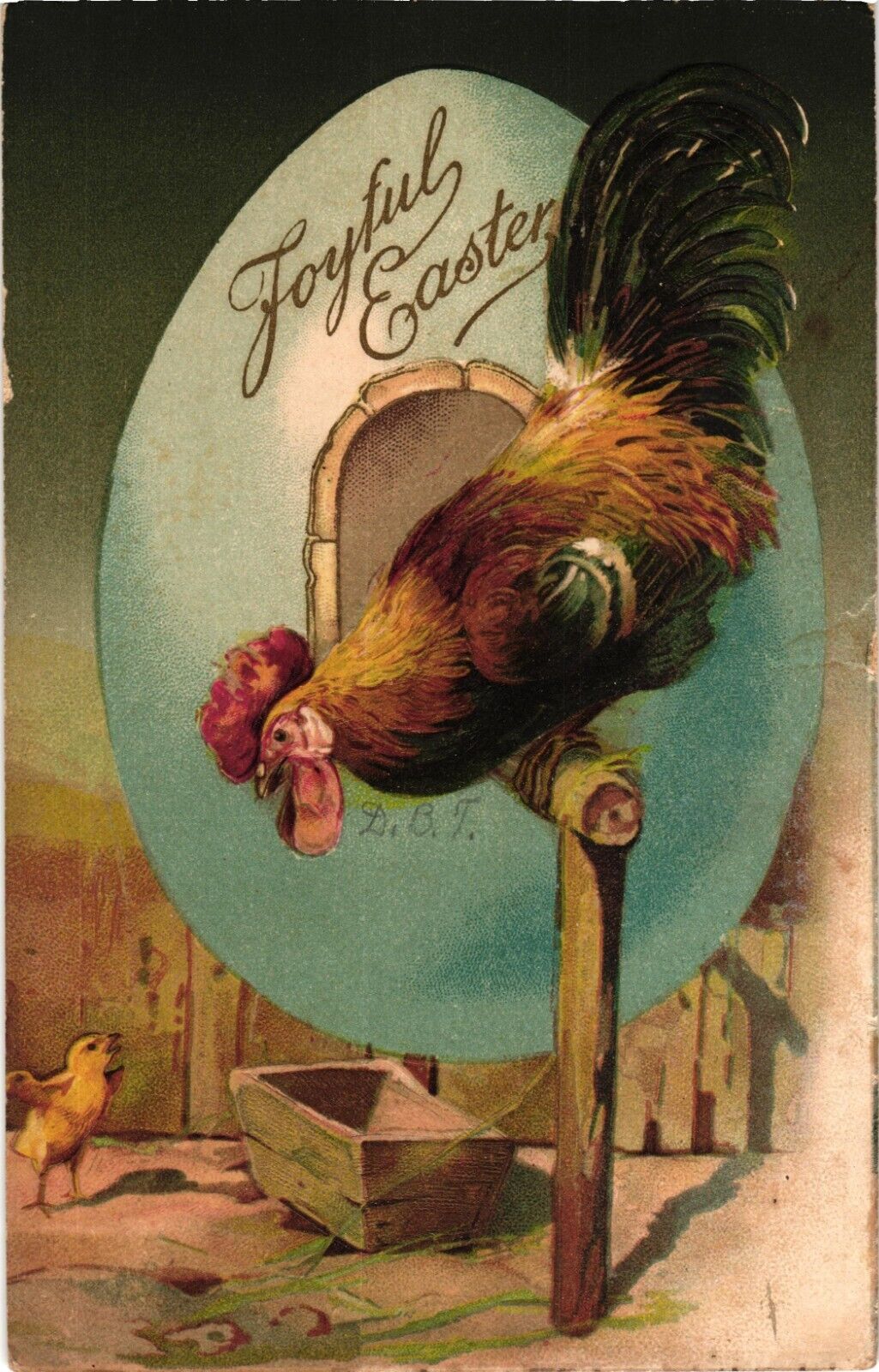 1907 Rooster Watchful Baby Yellow Chick JOYFUL EASTER Embossed Postcard
