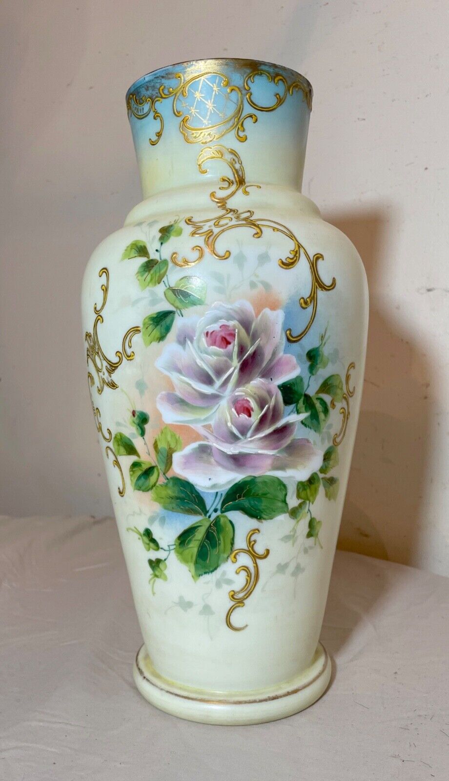 Tall antique hand blown painted milk Bristol glass enamel enameled flower vase