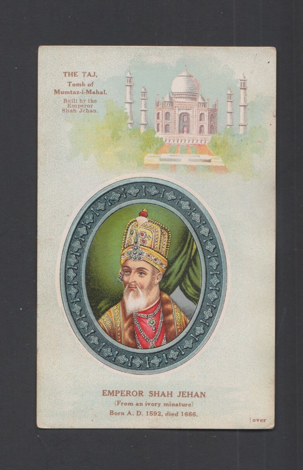 1913 India Tea Growers advertising postcard w/ Shah Jehan & Taj Mahal  rj
