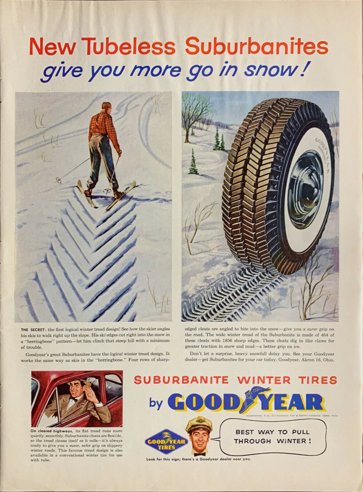 Vintage 1955 Goodyear Suburbanite Winter Tires Print Ad Advertisement 