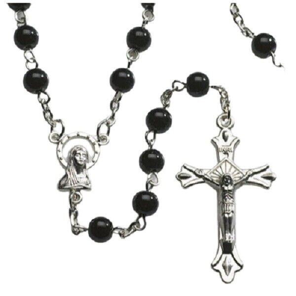 Black Round Pressed Glass Rosary (PT500) - W/Gift Bag