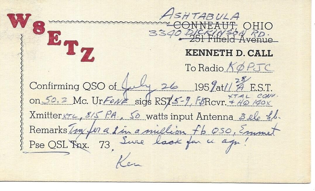 QSL  1959 Ashtabula   Ohio   radio card