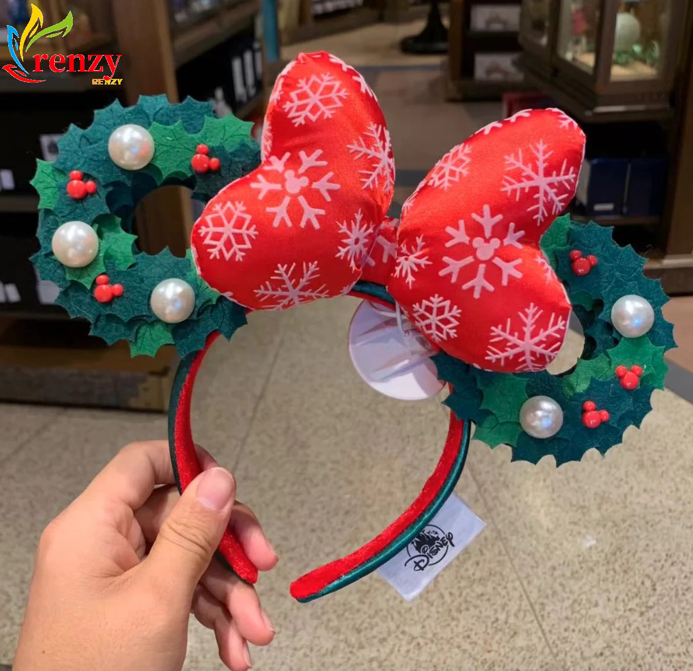 Christmas Holiday Minnie Ears Wreath Bow Disney Parks Snowflake Headband