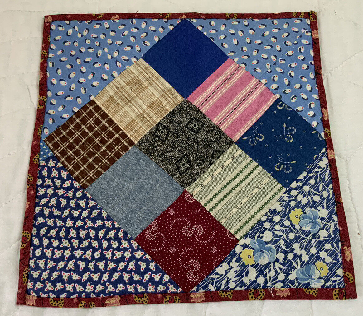 Vintage Antique Patchwork Quilt Table Topper, Nine Patch, Early Calico Prints