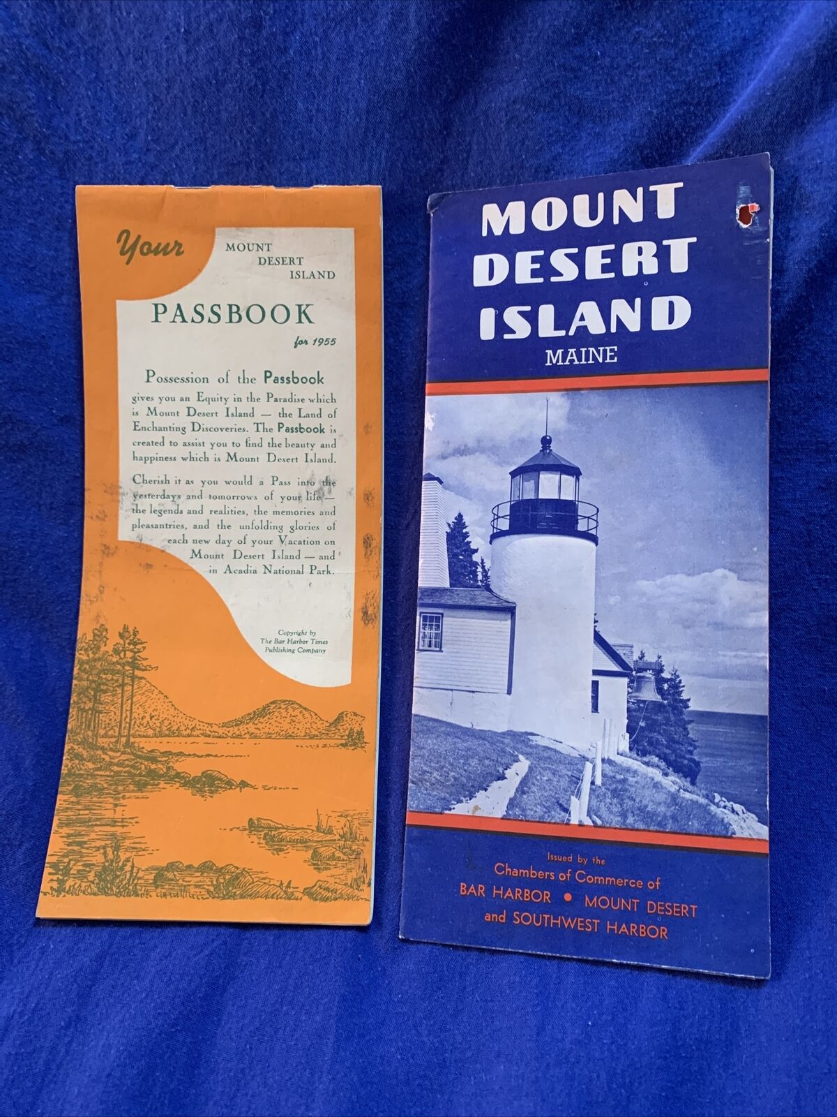 Mount Desert Island Maine 1955 passport booklet + 1950 Map Rare - lot of 2