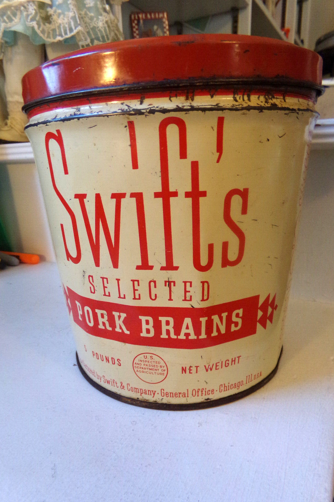 Rare Vintage Swift's Packing Co. Pork Brains 5lb Tin Can  w/ Lid