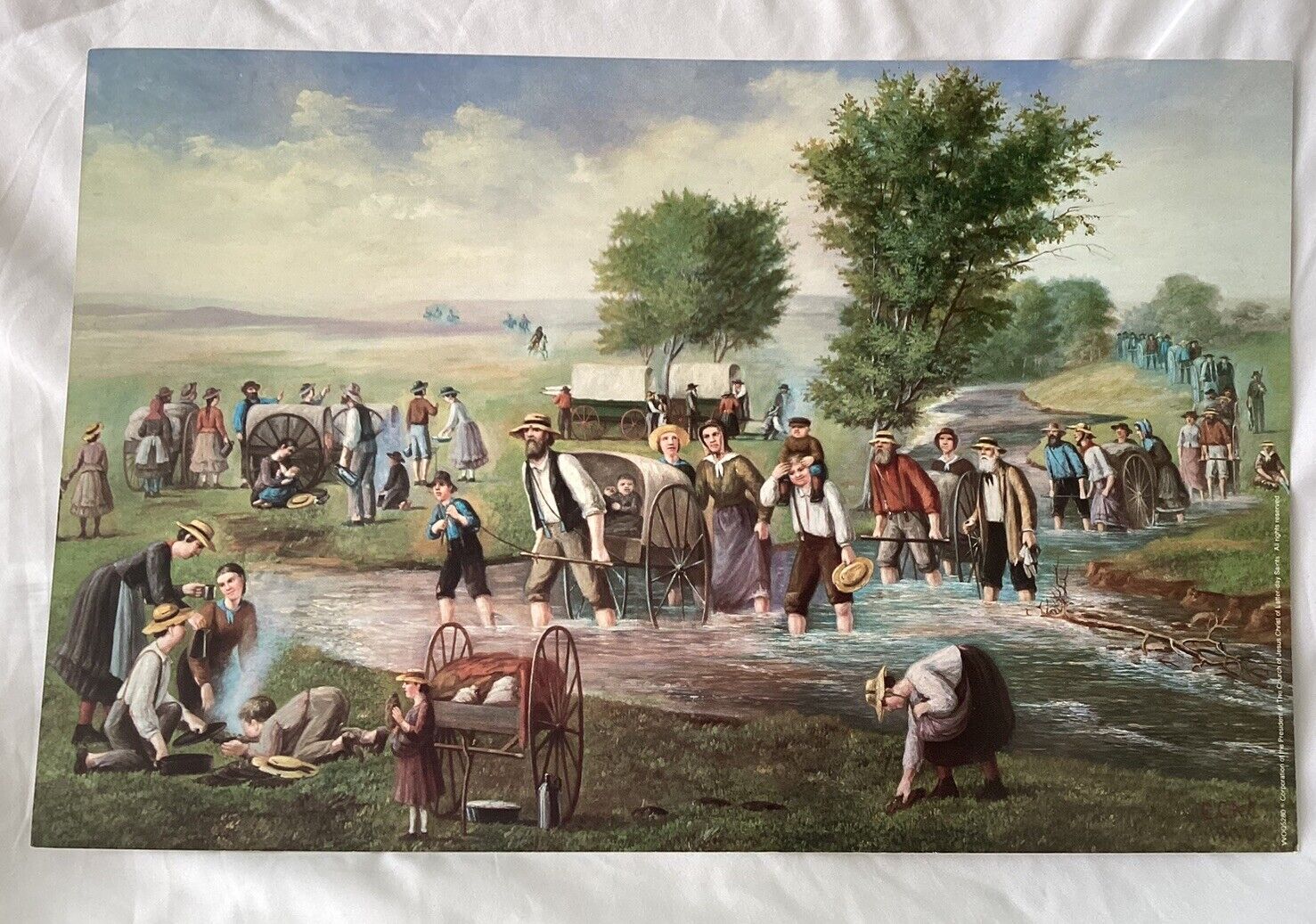 LDS Art Mormon Pioneers Lesson Poster 11x17” Vtg Handcart Families Near Stream