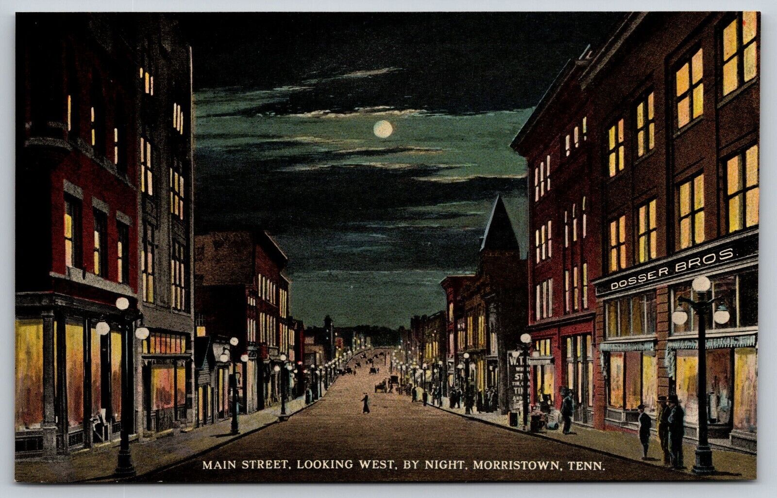 Postcard Main St. Looking West by Night Morristown Tennessee *C5522